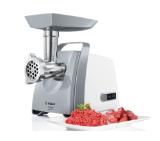 Bosch MFW45020, Meat mincer, ProPower, 500 W - 1600W, Discs: 3,8 / 8 mm, Sausage attachment, Kebbe attachment, Out: 2.7kg/min, White