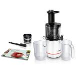 Bosch MESM500W, Slow juicer VitaExtract 150 W, 55 rpm, 1 speed + reverse function, tritan screw, MixControl lever, juice container 1 l, pulp container 1,3l, 2 filters (fine, coarse), white / black