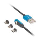 Lanberg 3in1 USB-A (M) -> USB MICRO(M) + LIGHTNING (M) + USB-C (M) 2.0 1m, angled QC 3.0 magnetic, black-blue