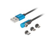 Lanberg 3in1 USB-A (M) -> USB MICRO(M) + LIGHTNING (M) + USB-C (M) 2.0 1m, angled QC 3.0 magnetic, black-blue