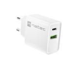 Natec USB Charger Ribera 1X USB-A + 1X USB-C 20W, White