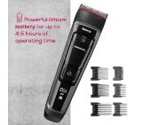 Beurer MN5X hair clipper, 7 Attachments, 6 adjustable cutting lengths and 4-stage fine adjustment, LED display with battery display, Battery and mains operation, travel lock display and charge display, storage bag