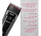 Beurer MN5X hair clipper, 7 Attachments, 6 adjustable cutting lengths and 4-stage fine adjustment, LED display with battery display, Battery and mains operation, travel lock display and charge display, storage bag
