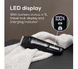 Beurer MN5X hair clipper, 7 Attachments, 6 adjustable cutting lengths and 4-stage fine adjustment, LED display with battery display, Battery and mains operation, travel lock display and charge display, storage bag