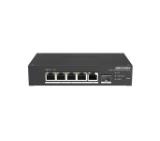 HikVision 6 Port Fast Ethernet Smart Harsh POE Switch, 4x 10/100 Mbps PoE port, 1x Gigabit RJ45 port, 1x Gigabit fiber optical port, Power Budget 60W, Up to 300 m Long Range PoE Transmission, -30 °C to 65 °C wide temperature range