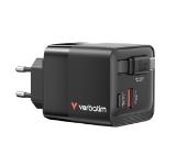 Verbatim Mini GaN Charger 65W 2 Port retractable cable display US plugs with EU and UK adaptors