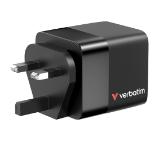 Verbatim Mini GaN Charger 65W 2 Port retractable cable display US plugs with EU and UK adaptors