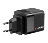 Verbatim Mini GaN Charger 65W 2 Port retractable cable display US plugs with EU and UK adaptors