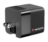 Verbatim Mini GaN Charger 65W 2 Port retractable cable display US plugs with EU and UK adaptors