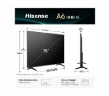 Hisense 75" A6Q, 4K Ultra HD 3840x2160, DLED, DFA, Precision Colour, HDR 10+, HLG, Dolby Vision,Light sensor, Smart TV, WiFi, BT, AnyView Cast, Gaming Mode, 1xHDMI2 eArc, 3xHDMI, 2xUSB, LAN, CI+, DVB-T2/C/S2, Black