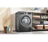 Bosch WQG245DREU, SER6, Tumble dryer with heat pump 9kg C / B cond., 61dB, selfCleaning Condenser, Reverse tumble action, silver/black grey door, Cast iron grey