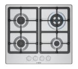 Bosch PGH6B5K90, SER4, Gas hob, 4 zones, Cast iron pan support, inox, 60cm