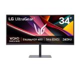 LG 34G630A-B, 34", UltraGear 21:9 Curved, VA, 1ms MBR, 5ms, WQHD (3440x1440), 240Hz, HDR 400, 4000:1, 300cd/m2, DCI-P3 95%, Free-sync, NVIDIA G-SYNC Compatible, VRR, USB, USB-C, HDMI, DP, Speakers 5Wx2, PIP, PBP, Height, Swivel, Tilt, Black