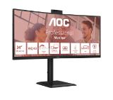 AOC CU34E4CW, 34" Curved 1500R, VA, WLED, 3440x1440@120Hz, 4ms GtG, 1ms MPRT, 350cd m/2, 3500:1, 50M:1 DCR, Adaptive Sync, FlickerFree, Anti-Blue Light, 5Wx2, Webcam 5MP, Tilt, Height Adjust, Swivel, 2xHDMI, DP, USB hub, KVM, RJ45