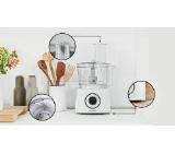 Bosch MCM3230W, Compact food processor MultiTalent 3; White; 800 W, Switch settings: 2-stage; Bowl capacity: 2.30 l, Liquidiser with safety lid and capacity: 1 l; Mix bowl-max flour+ingredients: 0.80 kg, Mixing bowl-max. dry mixture 0.5 kg; No. of includ
