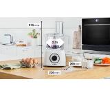 Bosch MCM3230W, Compact food processor MultiTalent 3; White; 800 W, Switch settings: 2-stage; Bowl capacity: 2.30 l, Liquidiser with safety lid and capacity: 1 l; Mix bowl-max flour+ingredients: 0.80 kg, Mixing bowl-max. dry mixture 0.5 kg; No. of includ