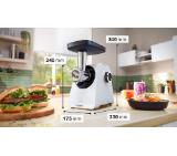 Bosch MFWS421W, SER4, Food mincer, Main color: white, Output per minute: 2,5 kg, Reverse: yes, Power: 500W, Blocking power: 1.900W, Accessories included: 1 x filling aid, 1 x filling tray, 1 x pusher, 1 x sausage attachment, 1 x double-sided stainless st